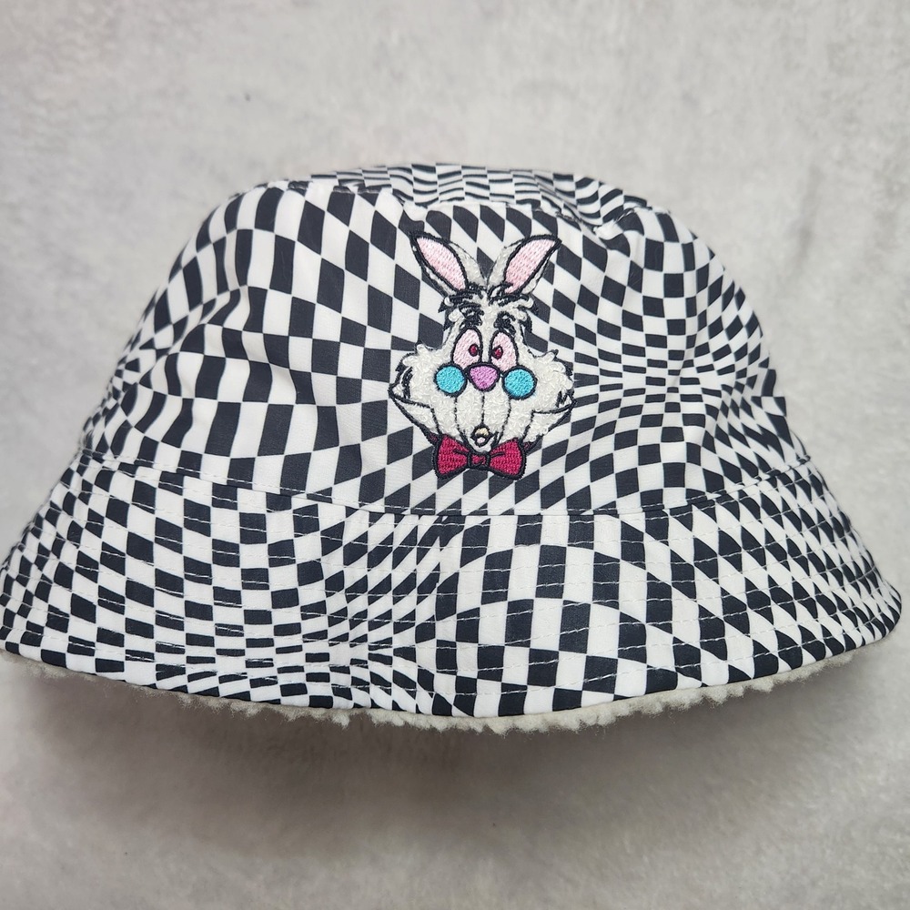 Disney Alice White Rabbit Checkered Bucket Hat Black Sherpa Lined Embroidery